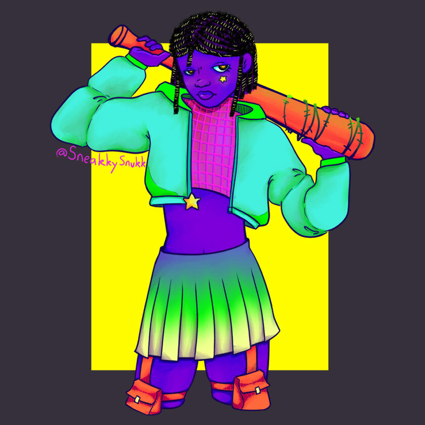 3/4 Body. clean lines and colour. minimal shading. simple background